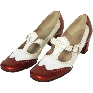 Vintage 1960s Shoes Ladies White &amp; Red Patent Leather T Strap Brogues 8.5 2A/4A