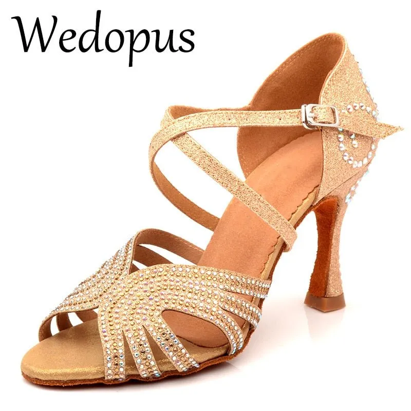 WEDOPUS Glitter Rhinestone Leather Multi-Choice Heel Soft Bottom Ballroom Dance Shoes