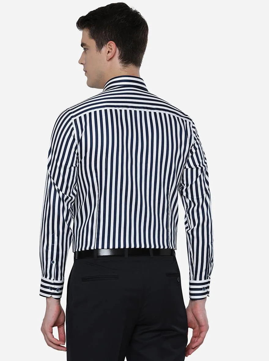 White & Navy Blue Striped Slim Fit Formal Shirt | Metal