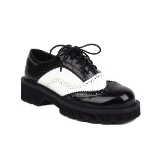 Women's Bicolor Round Toe Lace-Up Flat Oxford Shoes