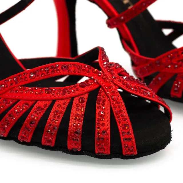 Womens Latin Dance Shoes Red Rhinestone